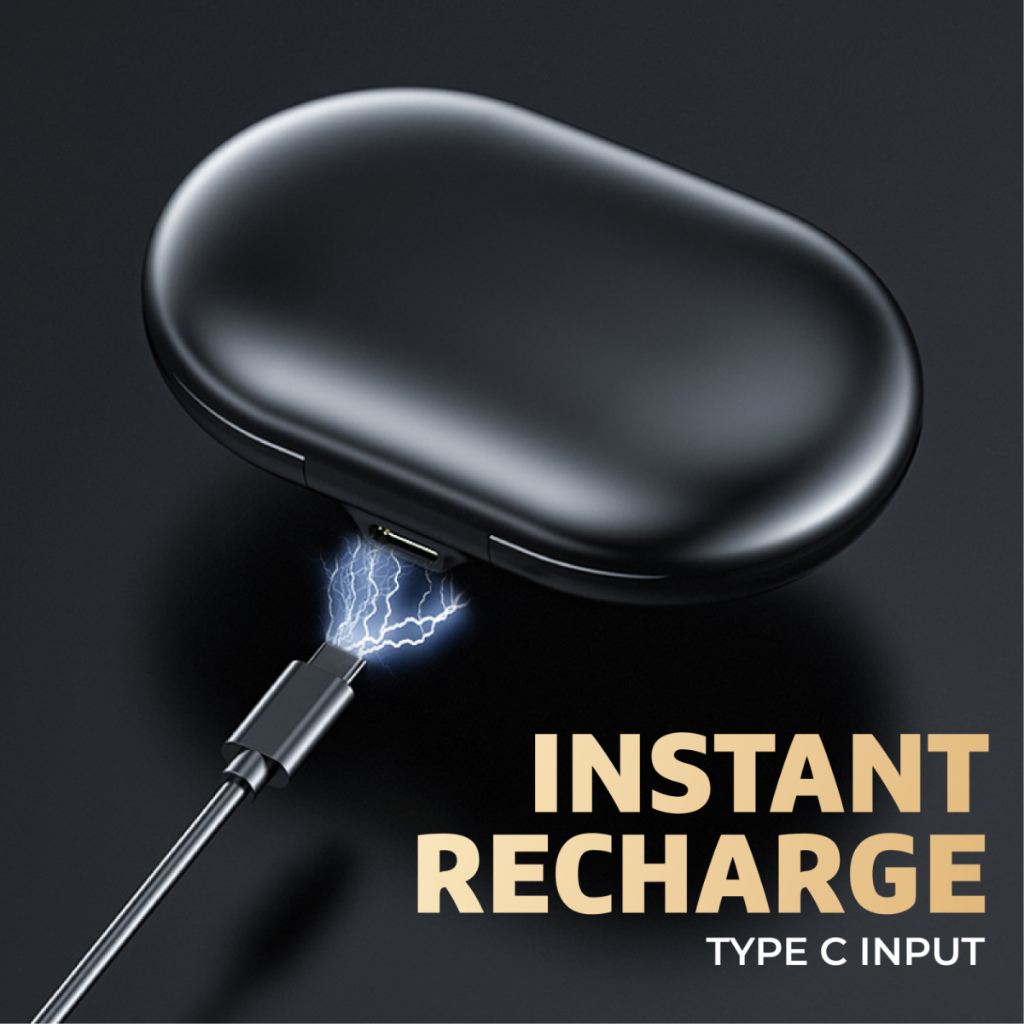 Close-up of a black wireless earbud charging case being charged via a Type-C cable, emphasizing "Instant Recharge". A practical tech corporate gift option.