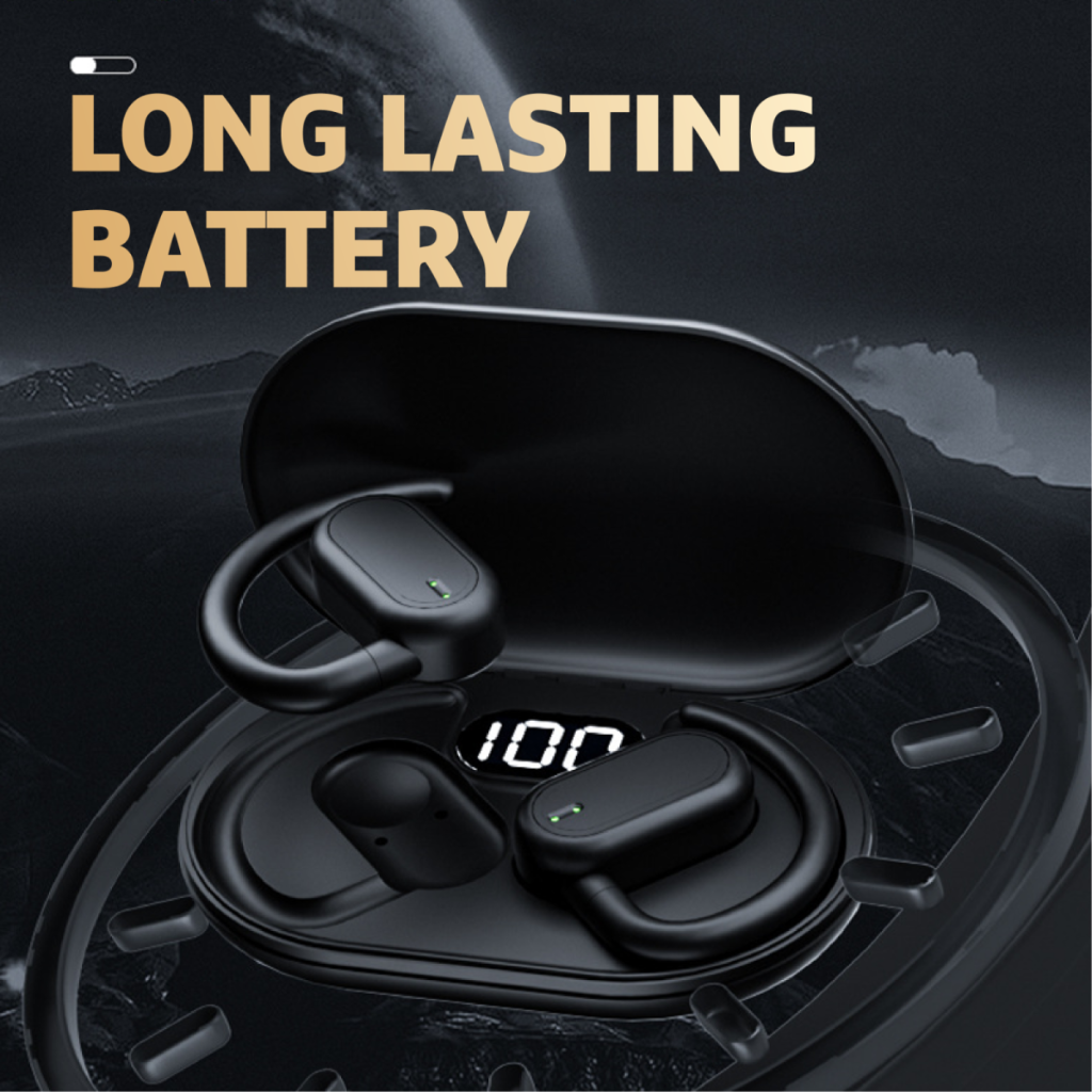 A set of black hook ear TWS wireless earbuds in a charging case showing "100", highlighting the "Long Lasting Battery". A practical tech corporate gift option.