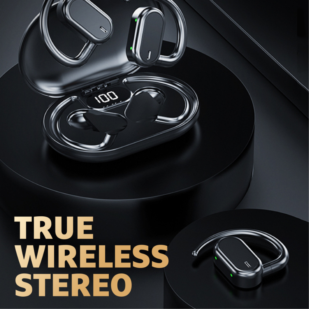 A set of black true wireless stereo earbuds with ear hooks and a charging case displaying full charge. A great tech corporate gift option.