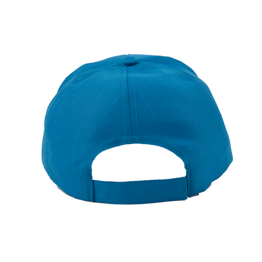 Back view of unbranded polyester 5-panel baseball cap, showcasing adjustable strap and classic headwear design.
