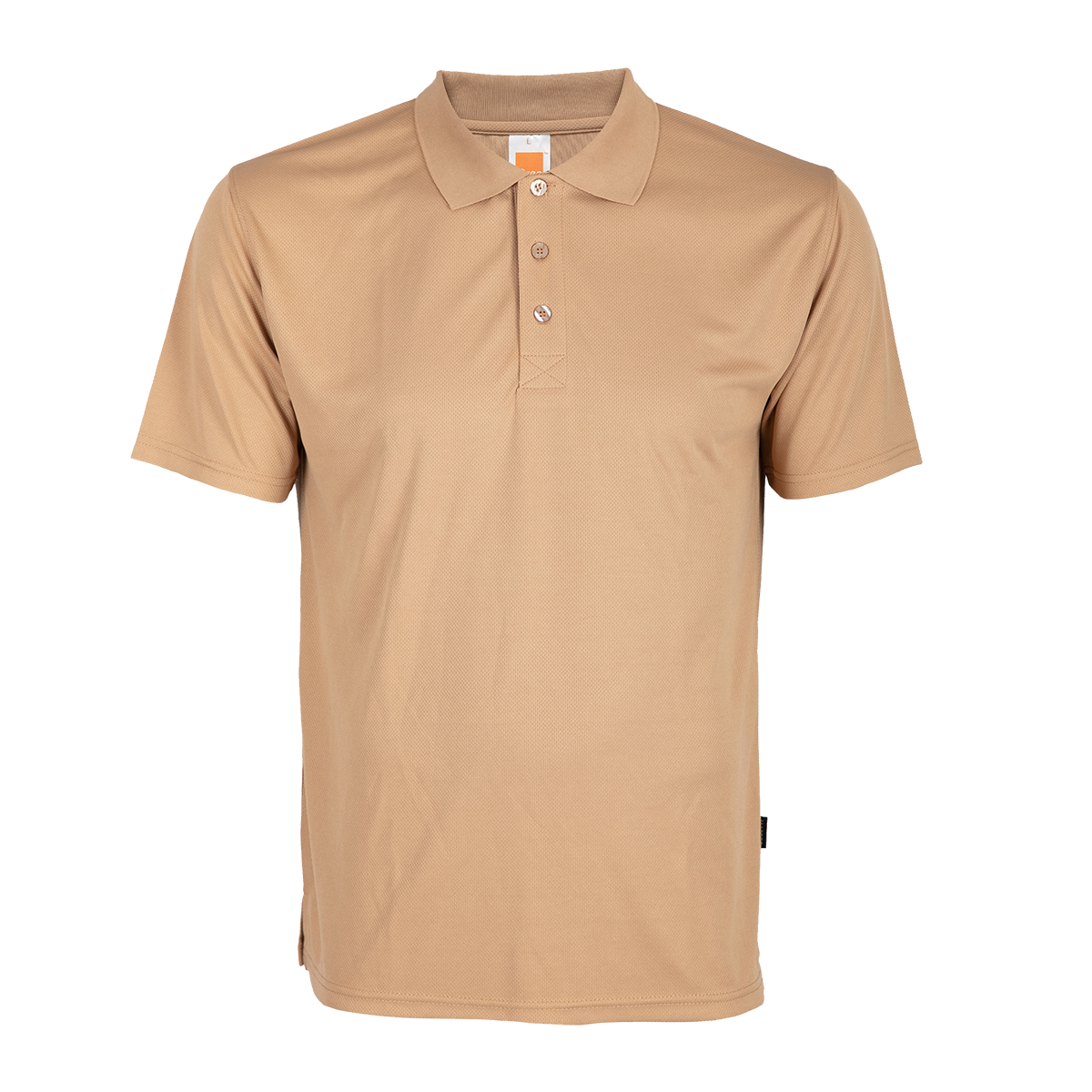 Caramel uniform polo, available for bulk order discounts and customization.