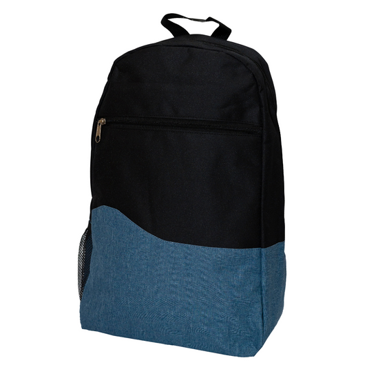 Stylish color-block backpack in black and blue, suitable for corporate gifts and custom printed merchandise.