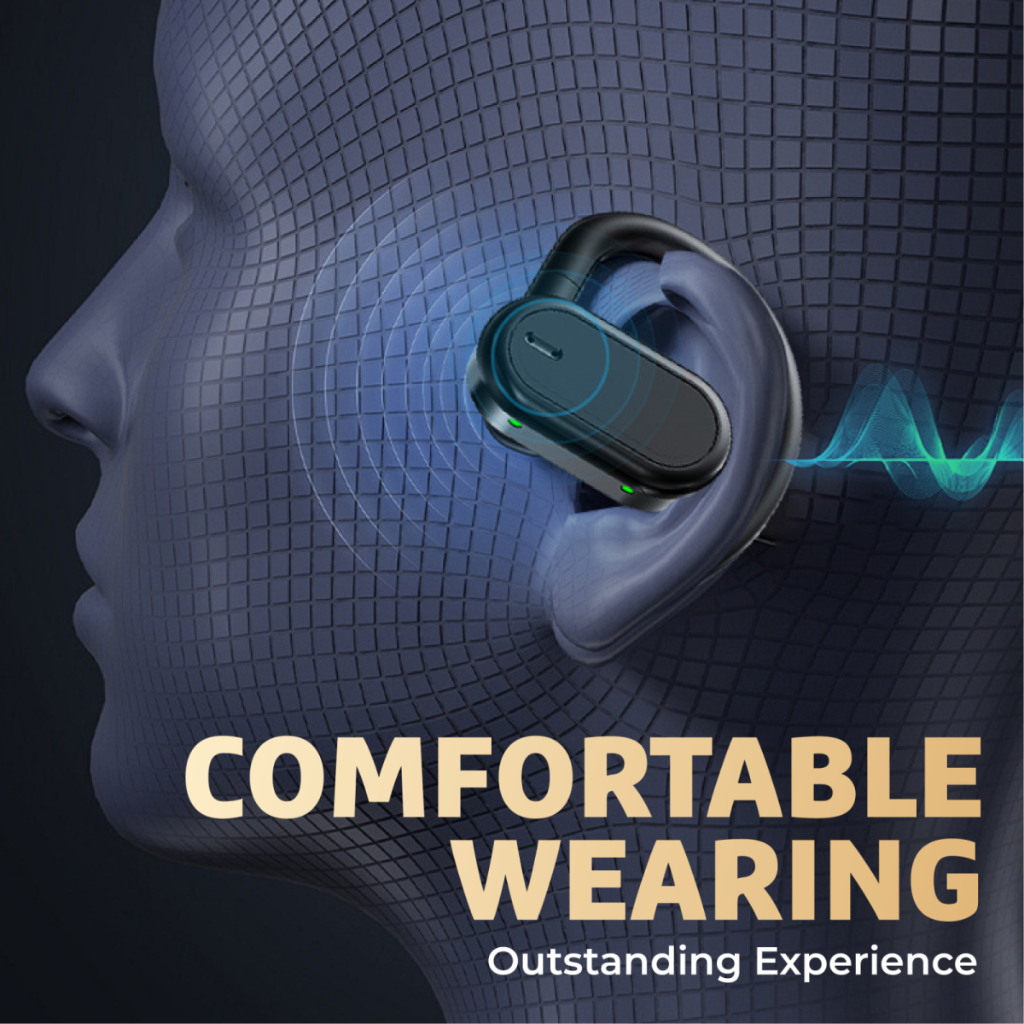 A black wireless earphone with an ear hook shown comfortably fitted on a stylized ear, highlighting comfortable wearing. Ideal for branded corporate gifts.