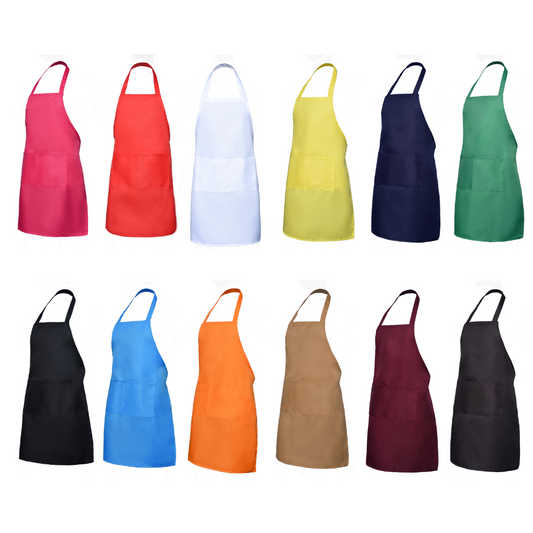 Explore the spectrum of possibilities with these 'Colours' Bib Aprons! This image highlights the diverse color options available for personalized corporate merchandise.