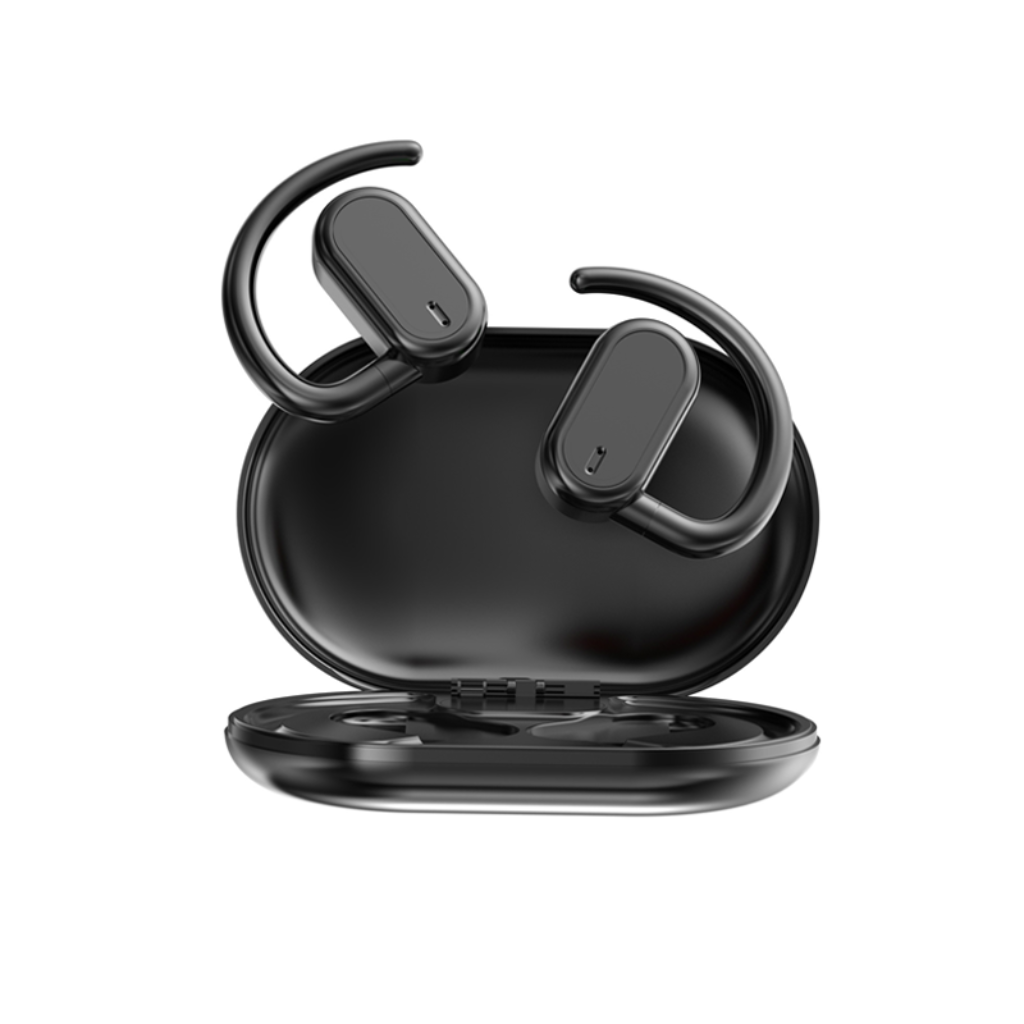 A pair of black wireless Bluetooth earbuds with ear hooks and a charging case, ready for corporate branding.