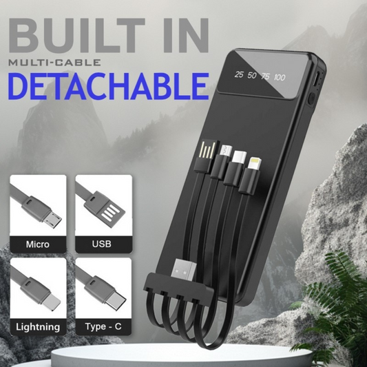 Custom corporate merchandise: FlashCharge Pro 10,000 mAh Power Bank with built-in detachable multi-cables (Micro, USB, Lightning, Type-C), perfect for corporate gifts and custom swag in Singapore.