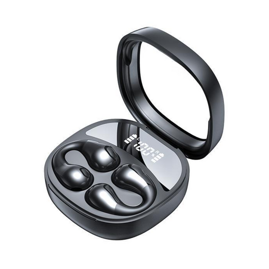 Open-ear clip headphones with digital display charging case, a modern tech corporate gift.