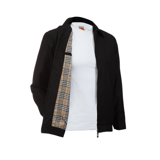 Inner view of unbranded blended viscose full-zip corporate jacket, showing the collar and zipper closure.