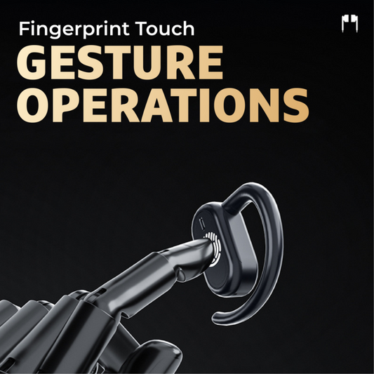 Black hook ear wireless earphone highlighting "Fingerprint Touch Gesture Operations". An innovative tech corporate gift for custom branding.