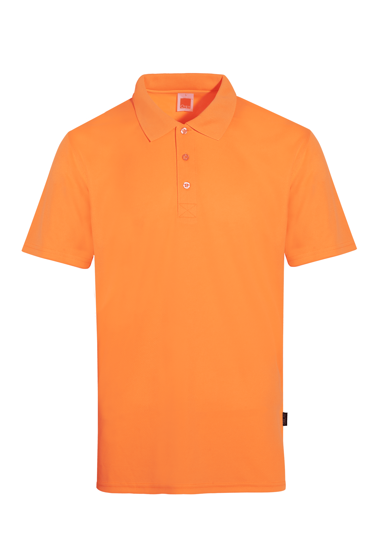 Neon orange polo in 100% microfibre for quick-turnaround custom apparel.