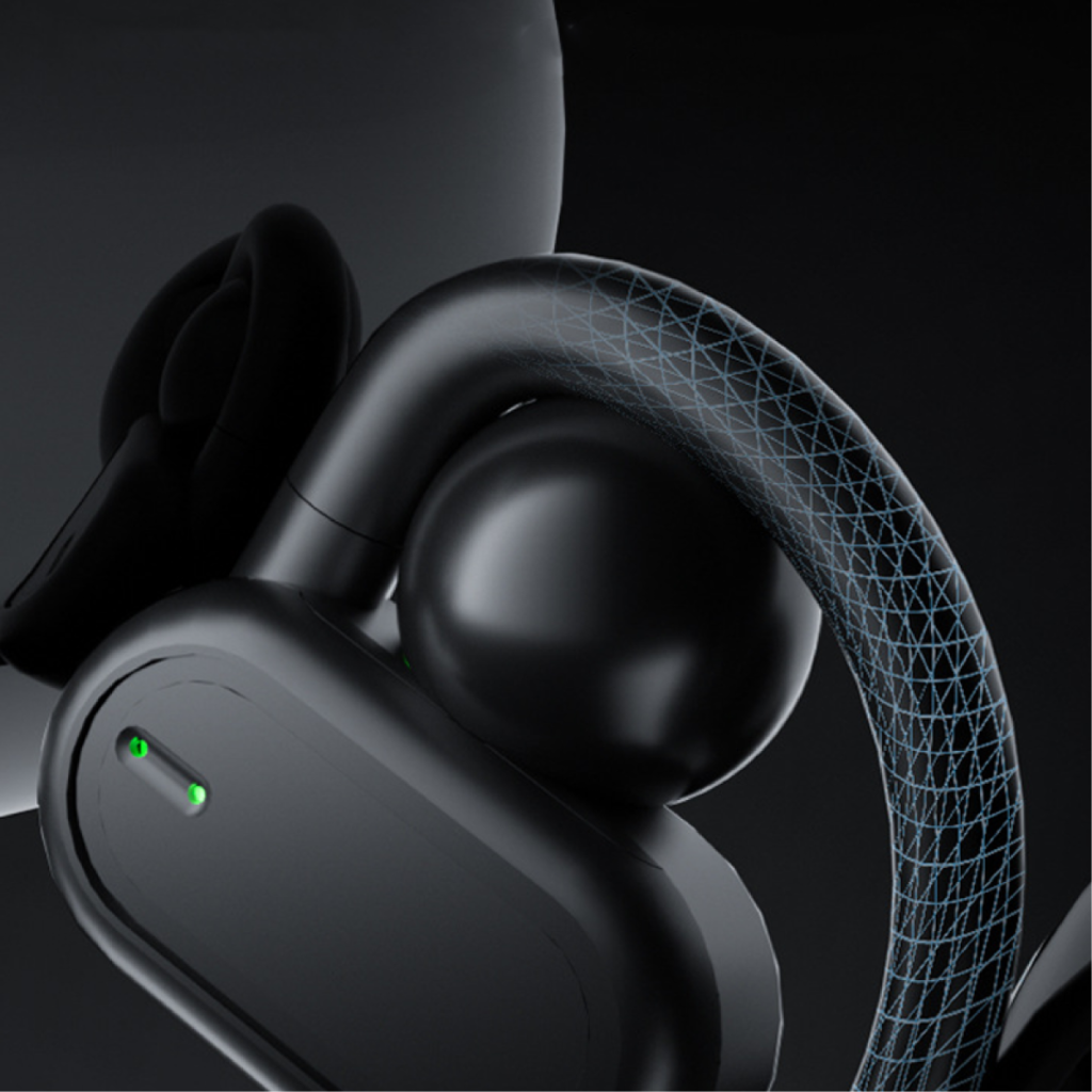 Close-up of a black hook ear wireless earphone showing the ear hook design for a secure fit. Ideal for custom branded corporate gifts.