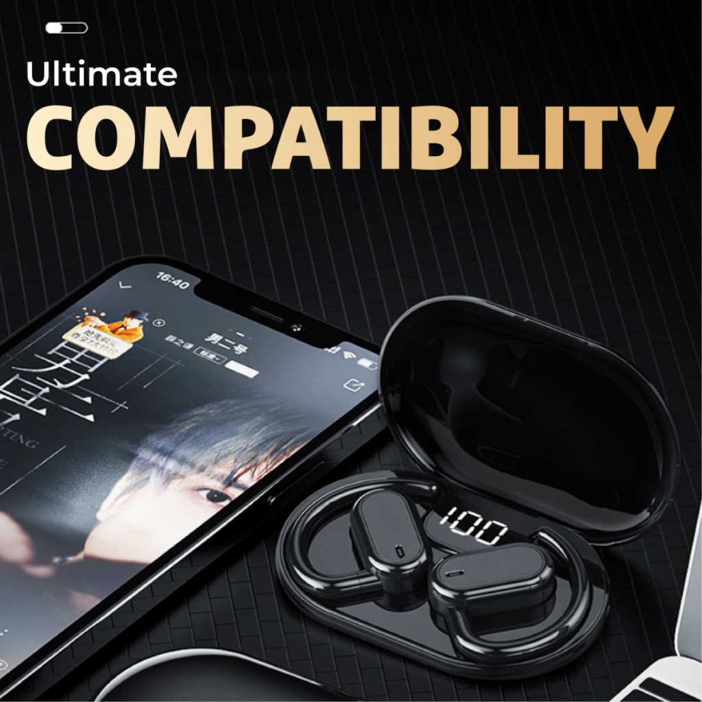 Black hook ear TWS earphones and charging case shown next to a smartphone, emphasizing "Ultimate Compatibility". A versatile tech corporate gift for branding.