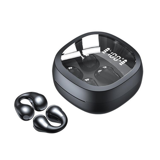 Wireless open-ear headphones with a charging case, perfect for custom logo branding as a tech corporate gift.