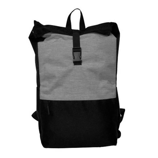 A black and grey backpack, suitable for custom branding as a corporate gift or merchandise item.