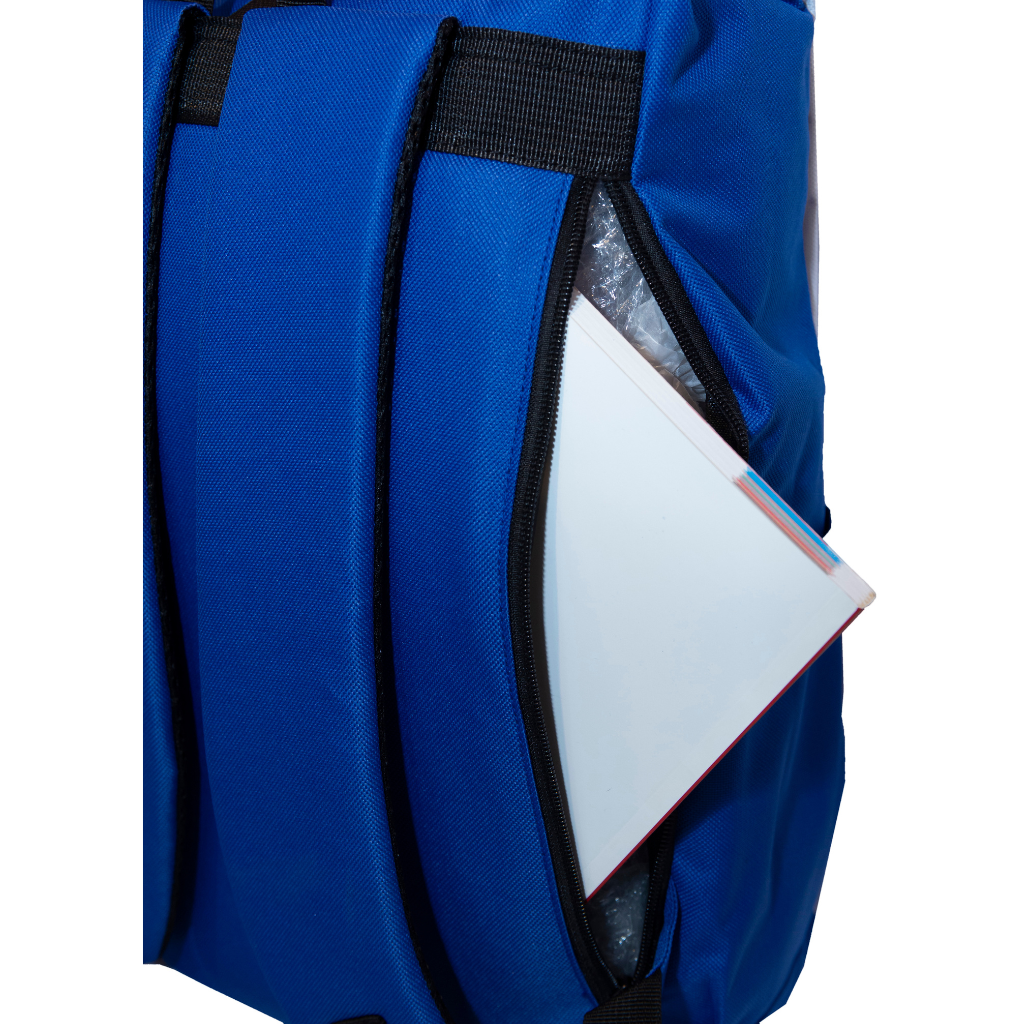 Side pocket detail of a blue laptop backpack, a feature of this customisable corporate gift item.