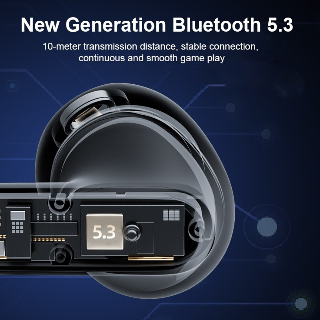 Wireless earbuds featuring new generation Bluetooth 5.3 for a stable connection, ideal for tech-forward corporate gifts.