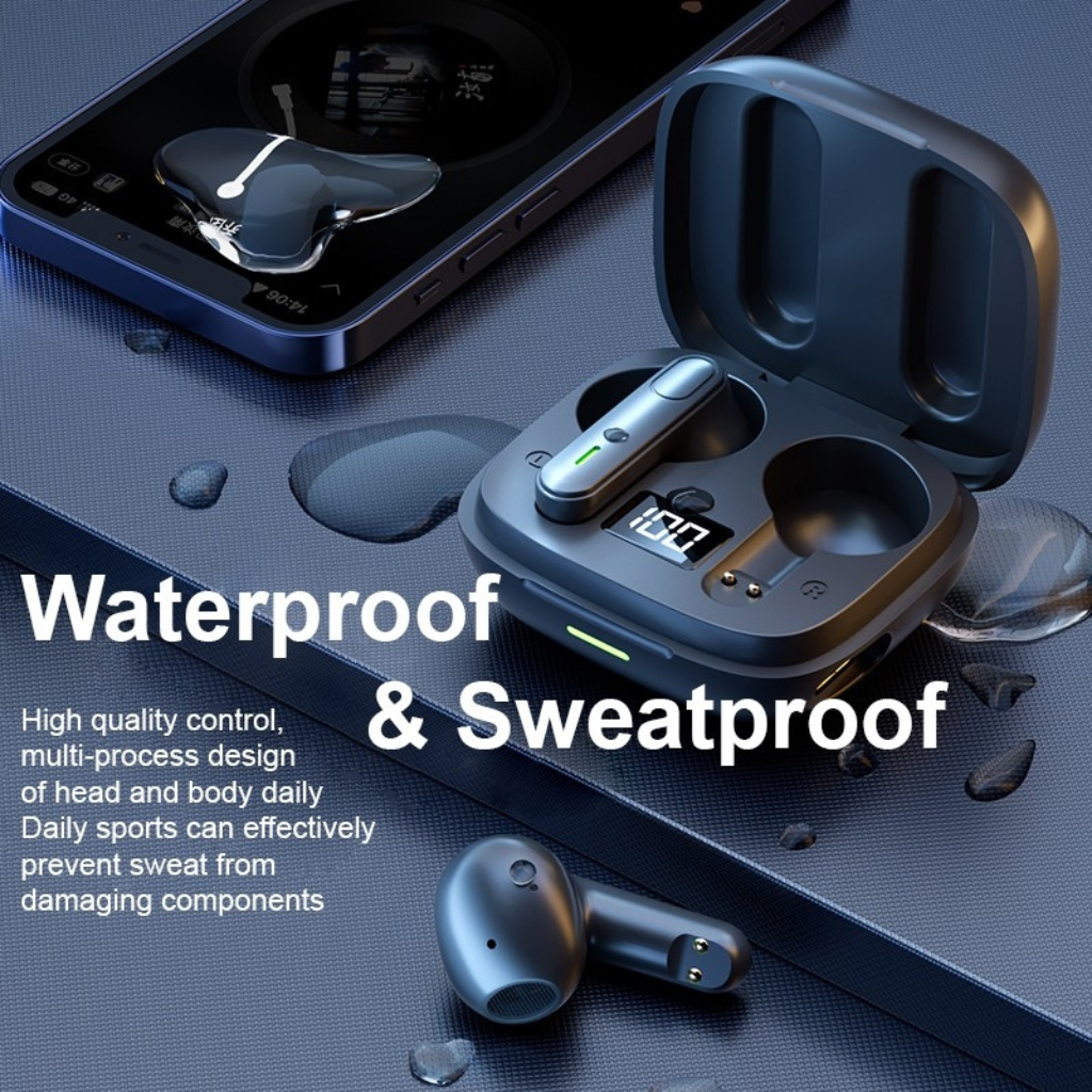 Waterproof and sweatproof wireless earbuds ready for your company branding, a resilient corporate merchandise option.