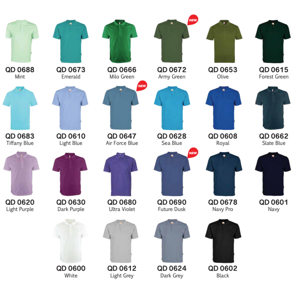 Available colors for branded dry-fit polo shirts, perfect for wholesale custom merchandise and bulk orders.
