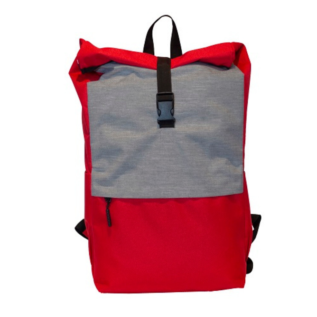Red and grey backpack ready to be branded, a vibrant option for corporate gifts and promotional items.