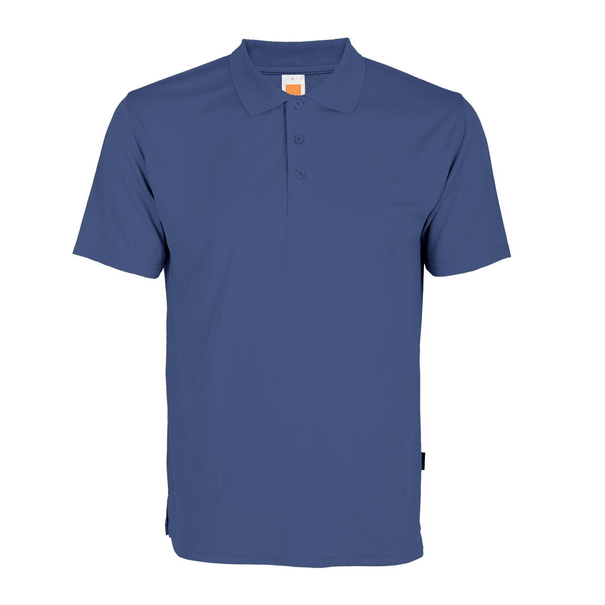 Business casual blue performance shirt with area for logo.