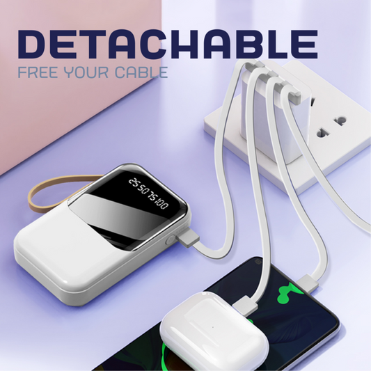 Customizable power bank featuring convenient detachable cables, ideal for custom corporate merchandise and impactful corporate swag.
