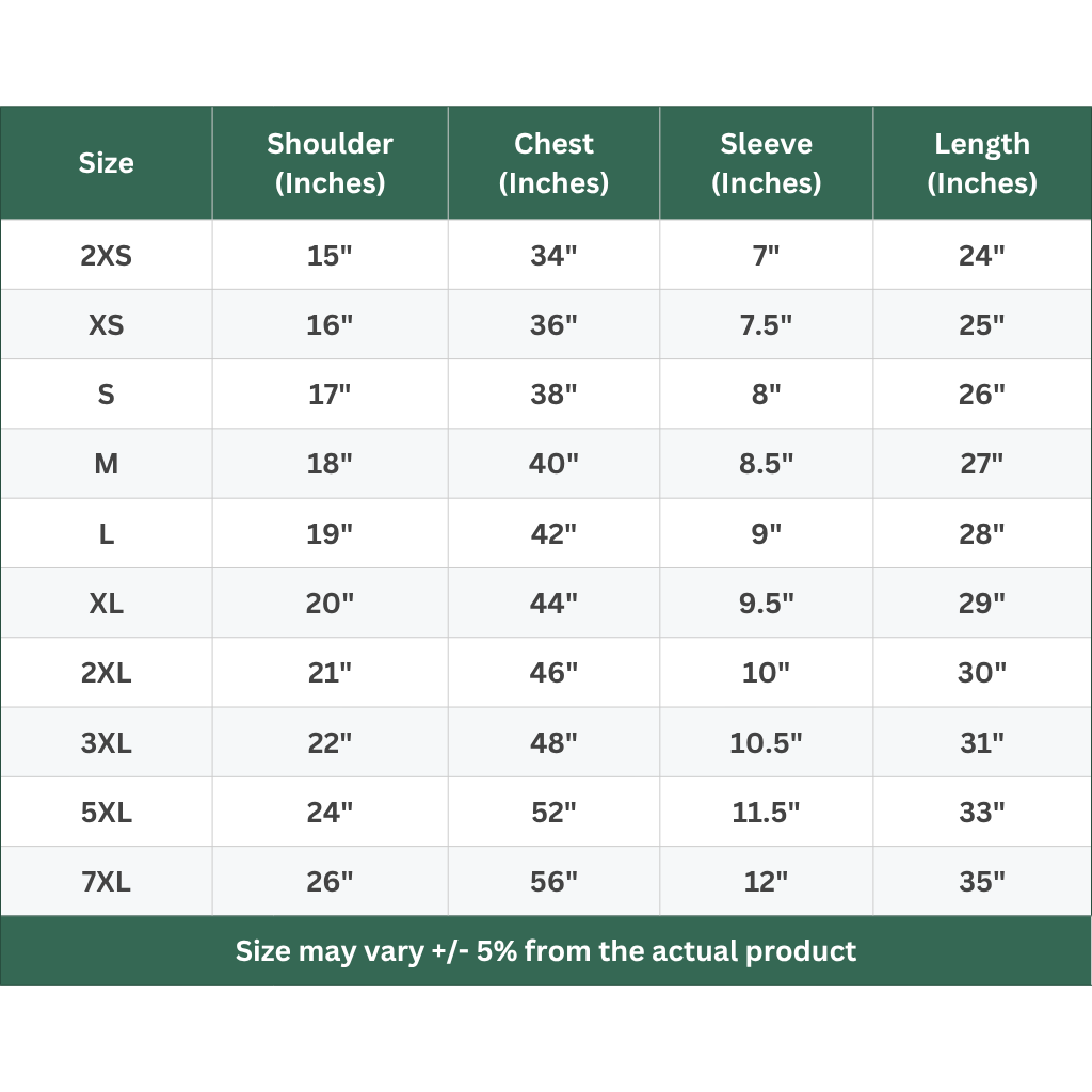 Corporate apparel size guide for dry-fit polos, showing comprehensive sizing from 2XS up to 7XL.