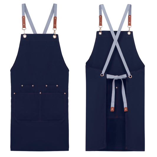Premium navy apron front and back view for corporate gifts and employee uniforms.