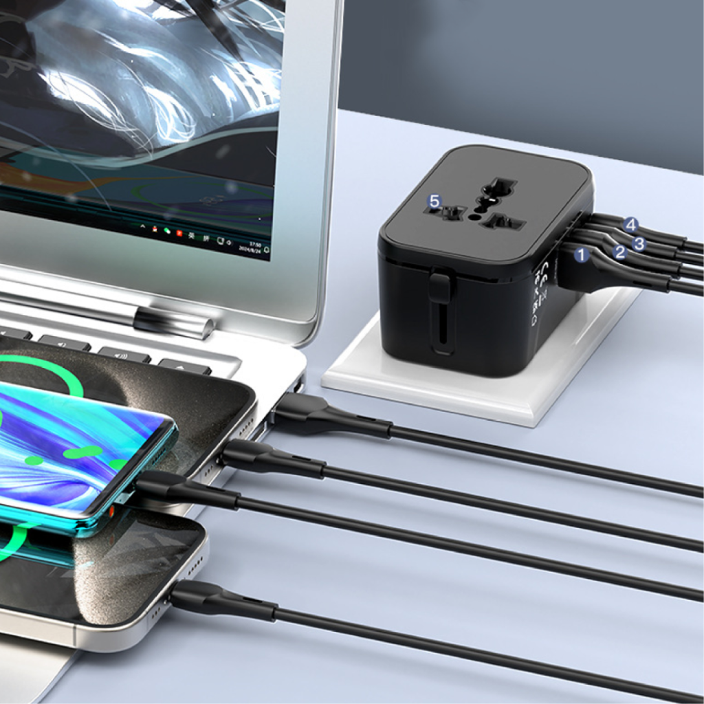 Efficient corporate swag: a multi-device travel adapter simultaneously charging a laptop, smartphone, and other electronics, making it a highly valued corporate gift.