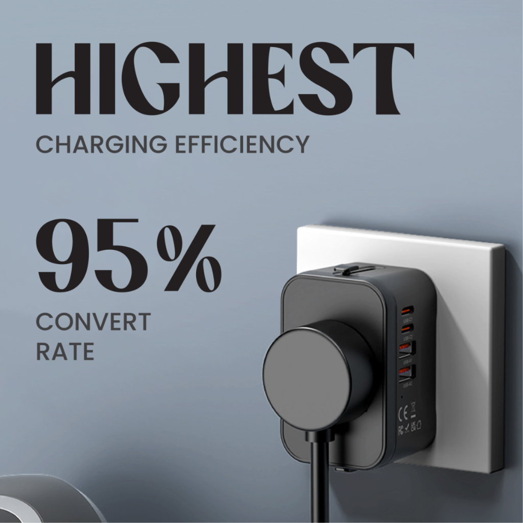 Custom corporate merchandise: Etora Universal Travel Adaptor boasting 95% charging efficiency, indicating superior power conversion and making it a top-tier corporate gift.