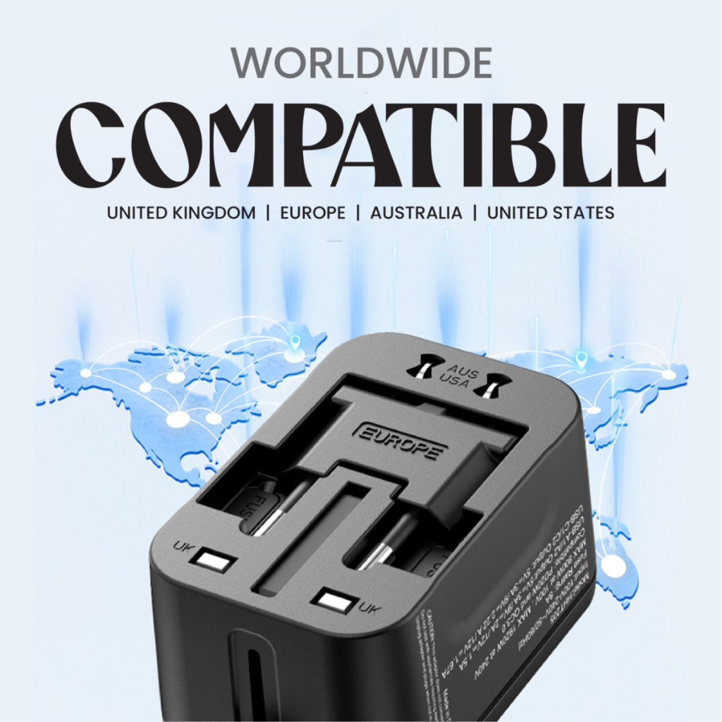 Custom corporate merchandise: a worldwide compatible travel adapter, ideal for use in the United Kingdom, Europe, Australia, and United States, making it a highly practical corporate gift.