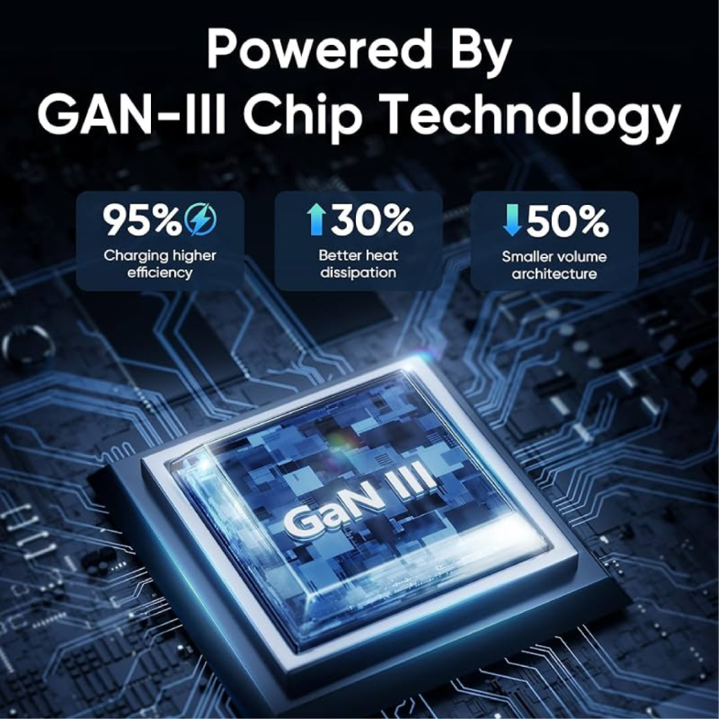 Custom logo GaN-powered travel adapter with its innovative GaN-III chip, representing premium corporate merchandise with 50% smaller volume architecture for easy portability.