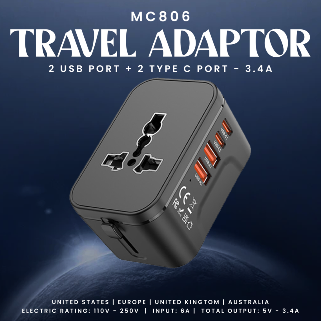 Custom logo travel adaptor designed for global use with 110V-250V input, making it a highly practical piece of custom corporate merchandise and useful corporate swag.