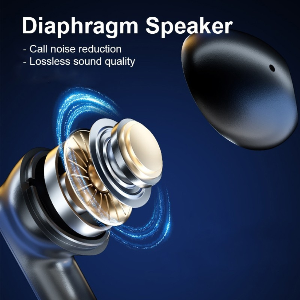 Wireless earphones emphasizing the diaphragm speaker for enhanced call clarity and sound fidelity, perfect for promotional corporate giveaways.
