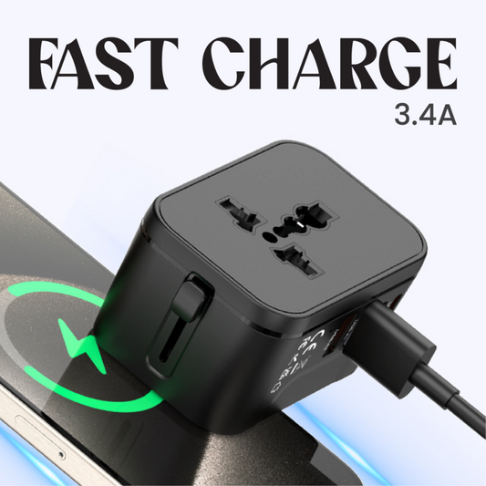 Custom swag 3.4A global travel plug with fast charge feature, showcasing efficient power delivery for smartphones and other devices, perfect for corporate clients.