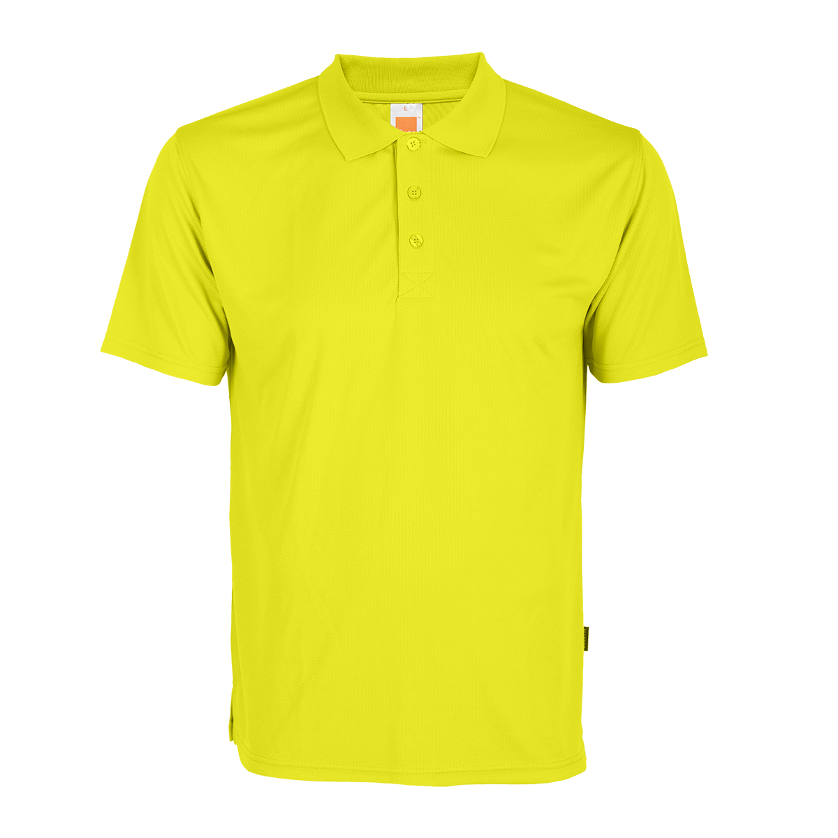 Front view of a custom yellow dry-fit polo shirt for corporate uniforms.
