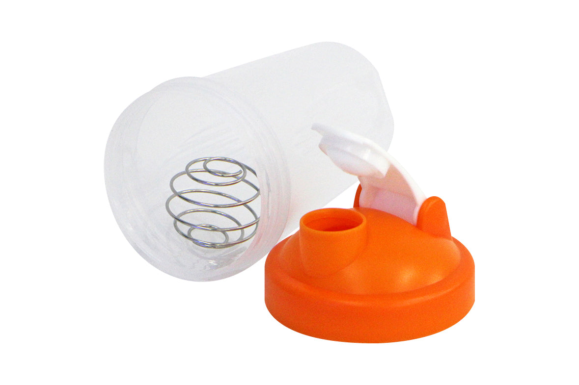 Customizable sports shaker bottle with a clear body, orange lid, and mixer