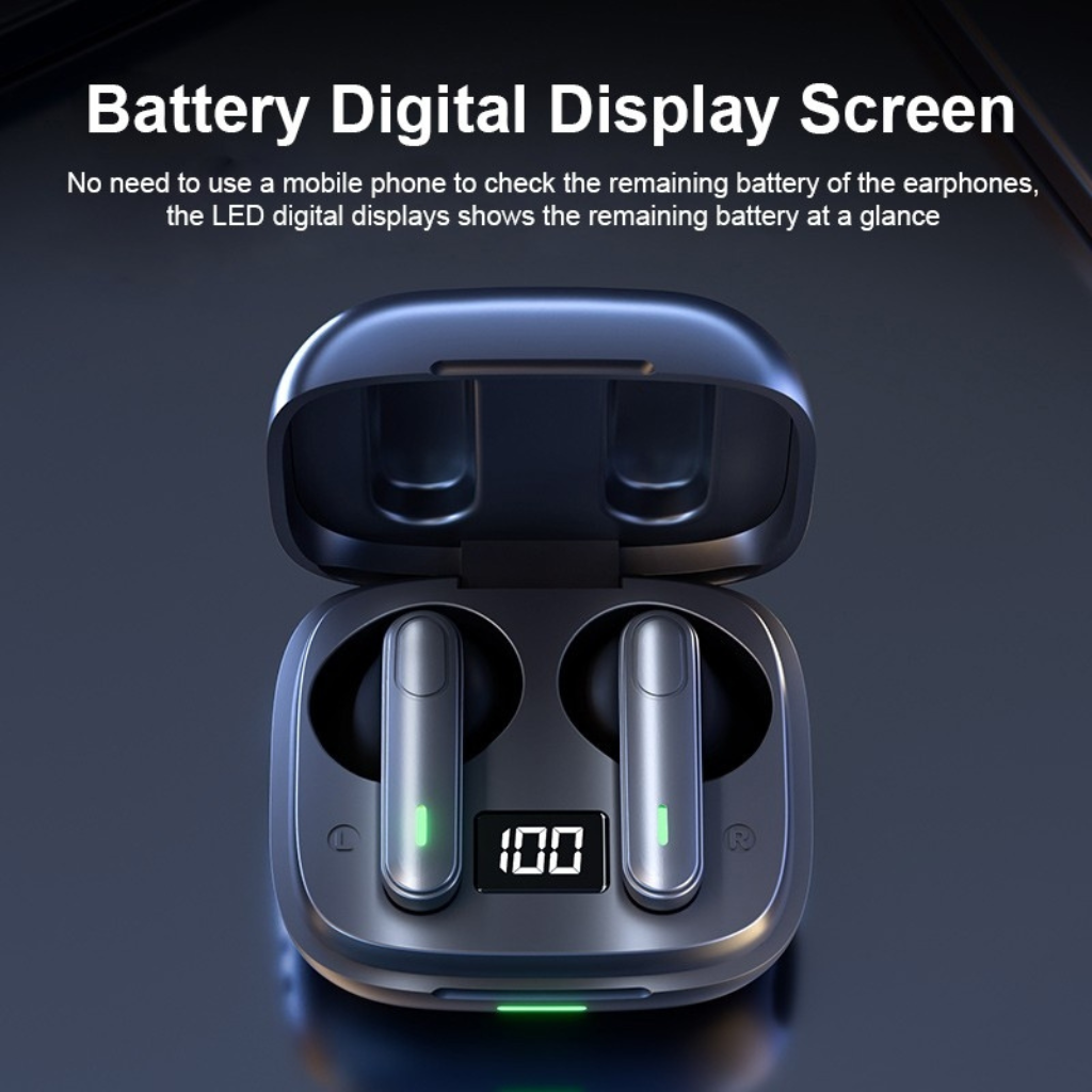 Wireless earbuds with a battery digital display screen on the charging case, a practical corporate gift.