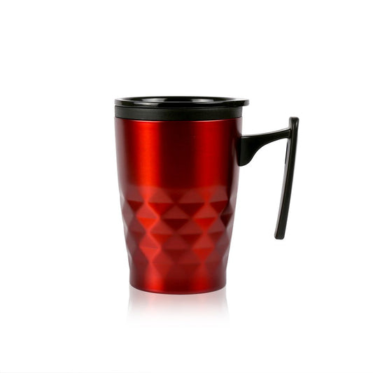 geometric-tumbler_in_red-with-double-wall-insulation and a black handle and lid