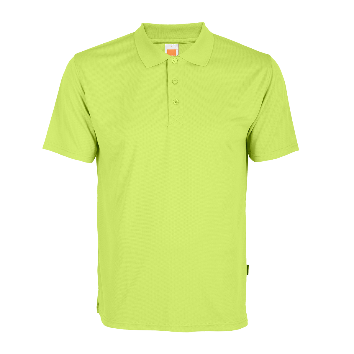 Interlock fabric neon yellow polo style shirt, available for custom print application.