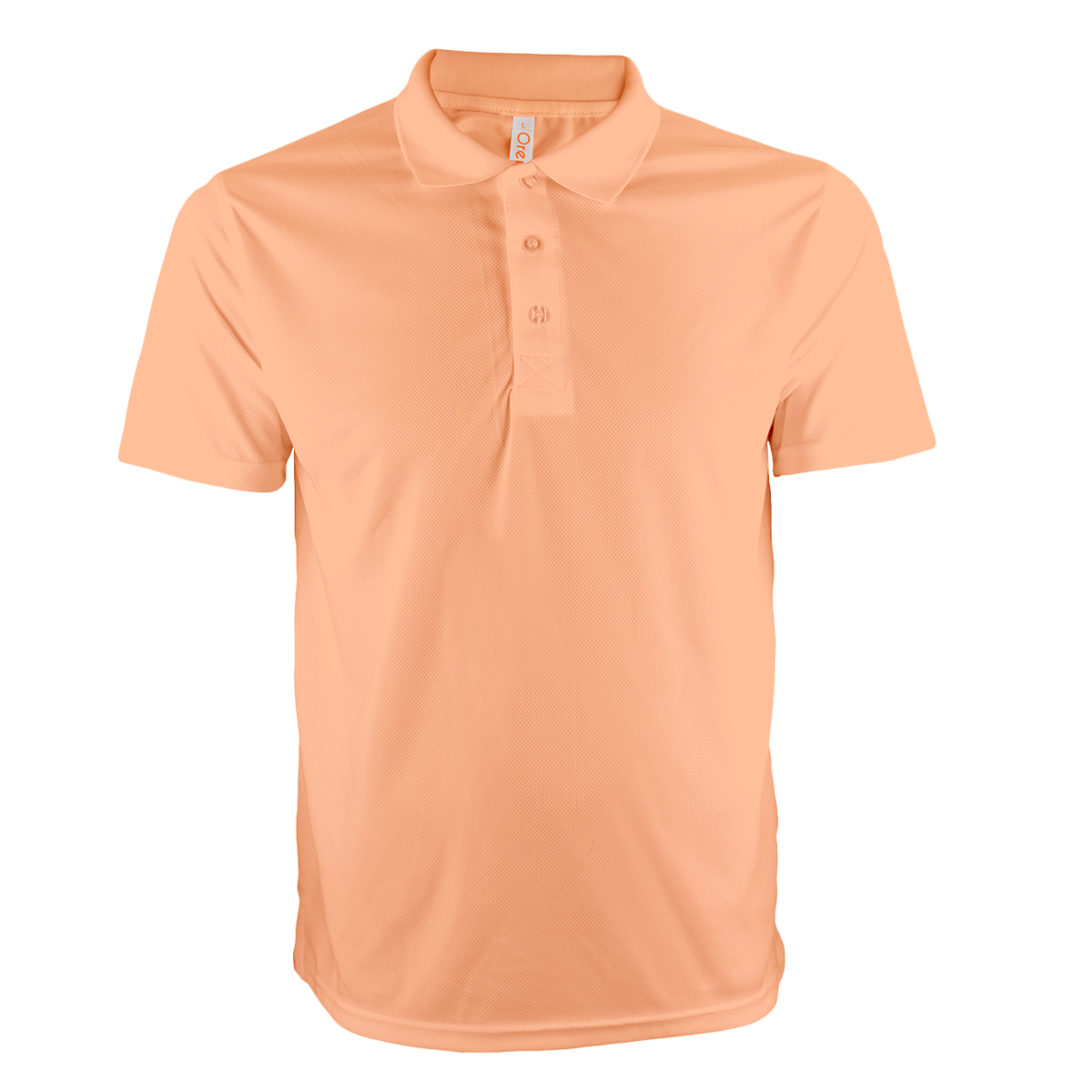 Light salmon microfiber polo (160 GSM), front view, showcasing fabric quality.