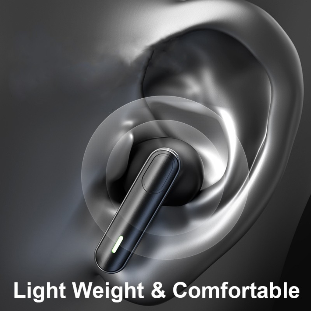 Lightweight and comfortable wireless earbuds shown fitting in an ear, ideal for everyday corporate gifts.