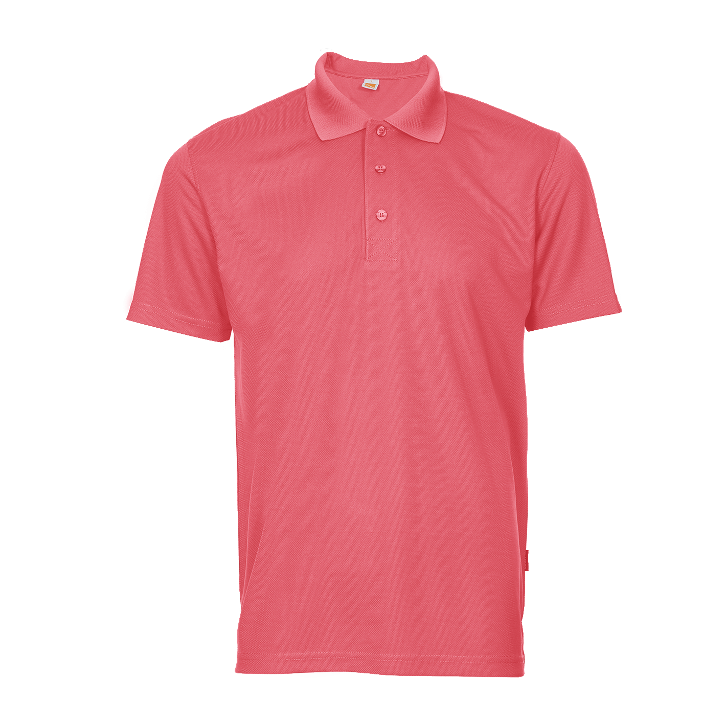 Neon peach collared shirt showing ideal area for business logo placement.