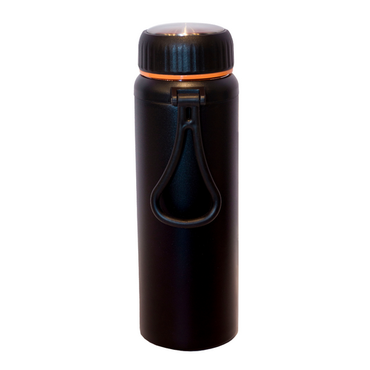 Personalised corporate gift bottles in black with a carrying handle.