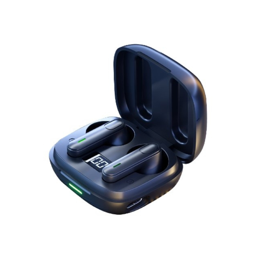 Customizable Bluetooth earphones with a digital display charging case, a great tech gift for employees or clients.