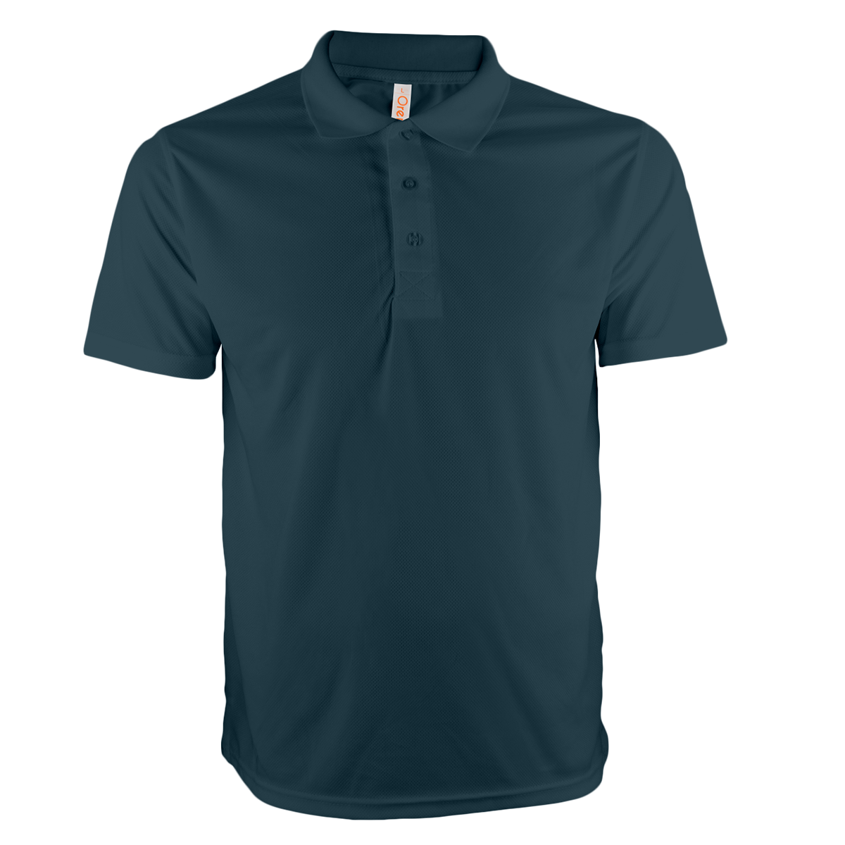 Slate blue dry-fit polo in athleisure style, front view, perfect for company apparel.