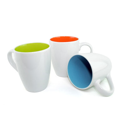 Set of dual color ceramic mugs with white exterior and coloured interior.