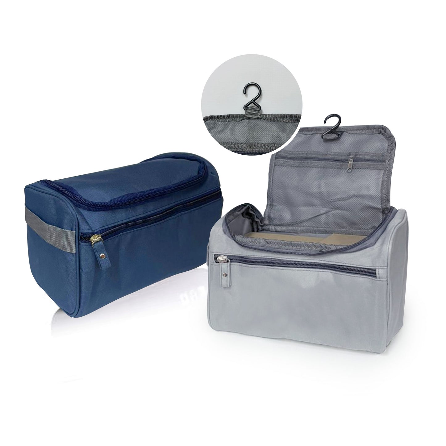Navy and grey travel pouch with convenient hanging hook, perfect for toiletries and organization. Customizable with your company logo for unique corporate gifts.