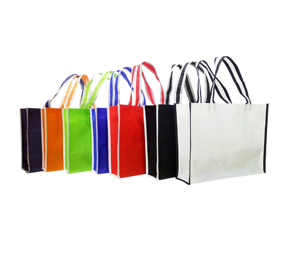 Branded A3 non-woven bags with colourful trimmings as corporate gifts. Practical and stylish promotional items for your company swag.
