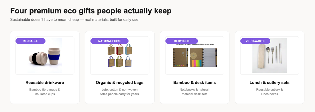 Four premium eco-friendly corporate gift categories: reusable bamboo-fibre drinkware, organic and recycled tote bags, bamboo notebooks and desk items, and reusable lunch and cutlery sets