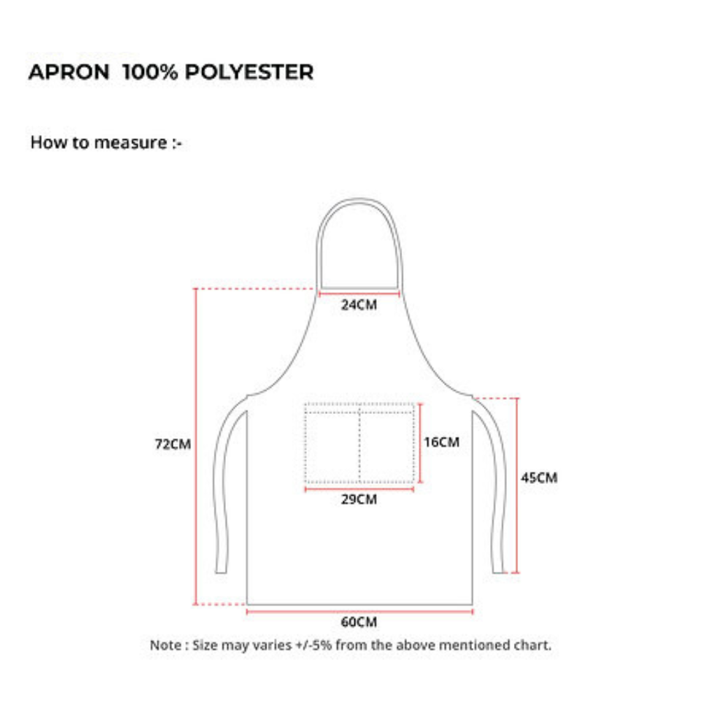 Technical diagram showing the dimensions of our 100% polyester apron, essential information for custom corporate gift orders and ensuring the perfect fit.